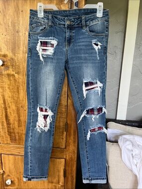 Litz size 27 Distressed Plaid-Accent Women's Blue Jeans
